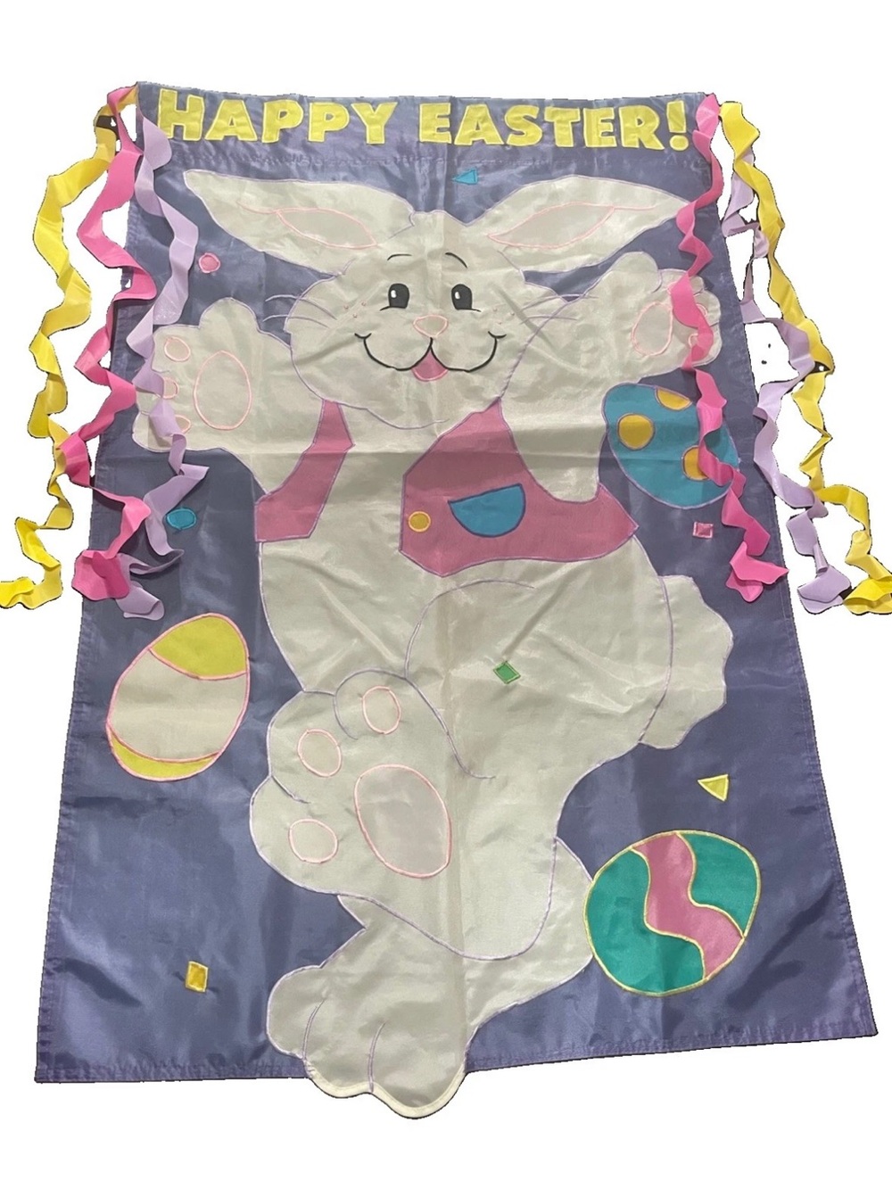 Vintage Easter Bunny House Flag 43” Applique Eggs Curly Streamers Happy Easter